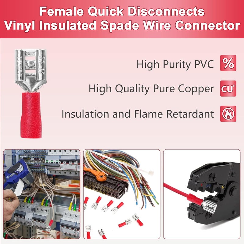 PRECIHW 200 Pcs Red Female Quick disconnects Vinyl Insulated Spade Wire Connectors, Electrical Crimp Terminal 22-16 AWG (6.3mm) - Image 3